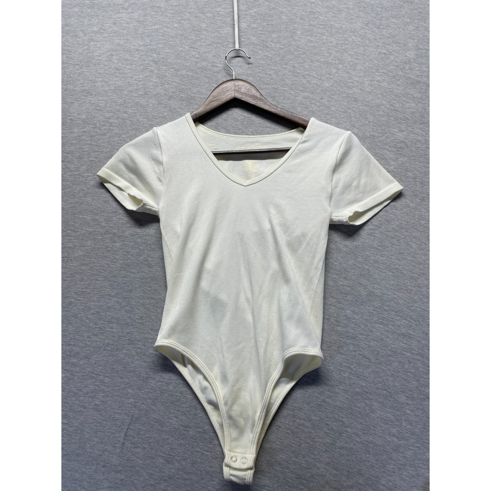 Gypsy + Jade Ribbed Knit Thong Bodysuit Womens Small Medium White Nylon V Neck